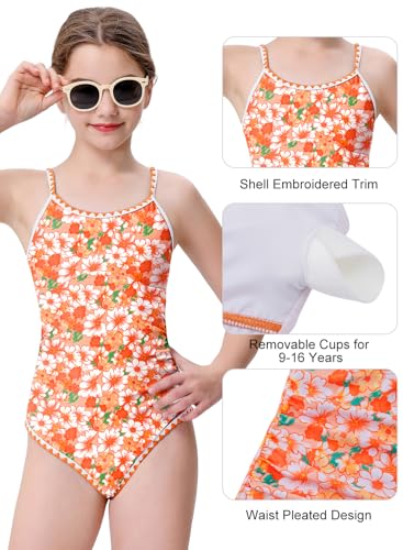 Image of XiaoMoSha Girls One Piece Swimsuit Adjustable Straps Bathing Suit Teen Girl Color Block Trim Padded Beach Swimwear 6-16 Years