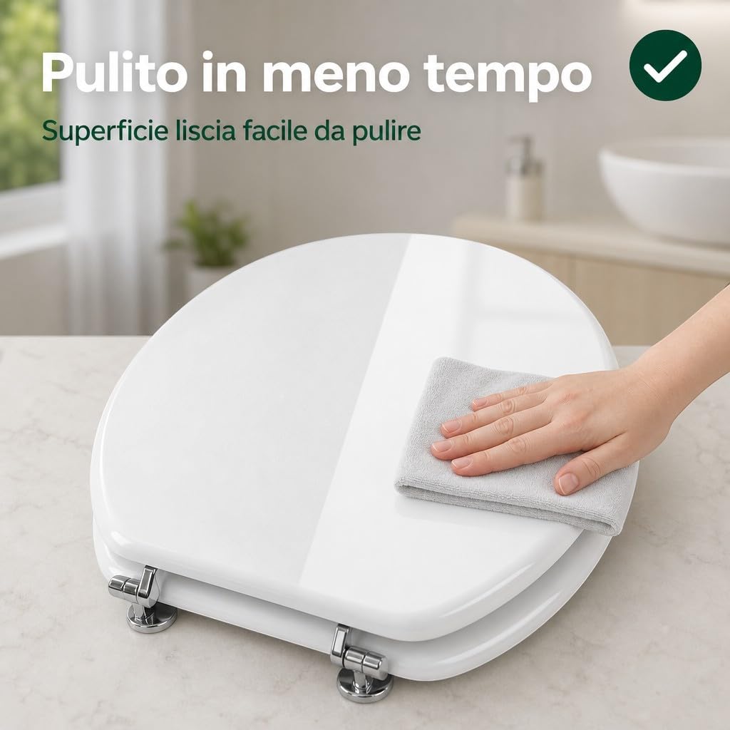 Copriwater Universale MDF Bianco 43x36 cm – Tavoletta WC in Legno MDF, Sedile WC Robusto con Cerniere Cromate, Asse WC Ovale Compatibile, Coperchio Water Resistente