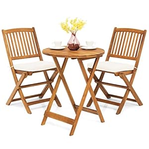 GIANTEX Bistroset met 3 inklapbare delen, tafel en stoelen, terras van acaciahout, met 2 afneembare kussens, tuinmeubelen voor terras, tuin, veranda, balkon