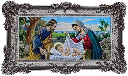 Przepiękny obraz w stylu barokowym, reprodukcja w stylu antycznym, oprawiony obraz z ornamentami w ramce, motyw Jezusa, Marii i Józefa, Święta Rodzina, ikony, obraz, reprodukcja, 96 cm x 57 cm (kolor stare srebro)