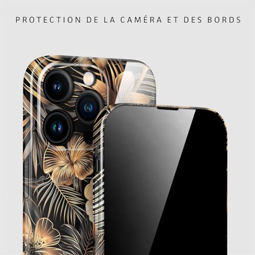 Coque iPhone 14 Pro Max motif floral Or Noir rigide mince antichoc avec caméra