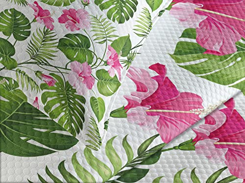 Lunarable Leaf Bedspread, Hawaiian Hibiscus Crystal Pink Flower With Palm Tree Leaves Art Print, Decorative Quilted 3 Piece Coverlet Set With 2 Pillow Shams, Queen Size, Green Pink #TOP2