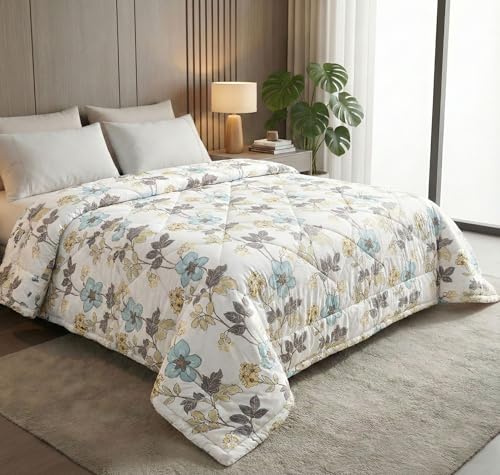 Image of VAS COLLECTIONS 220 GSM Reversible Microfiber AC Comforter /Duvet | Floral Pattern, 3-Layer Quilted All-Season Blanket for Double Bed (250 x 225 cm) | 2 kg (Pearl Aqua White, Double)