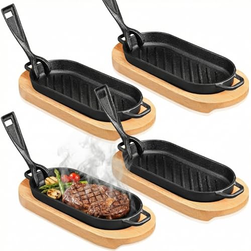 Yiyiring Set di 4 padelle per fajita in ghisa, con base in legno e manico rimovibile, per casa, ristorante, cucina (21 x 10 cm)