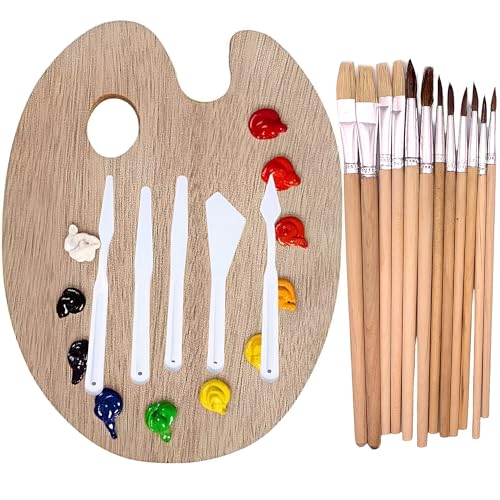 Paleta Pintura Madera, Acuarelas y Oleo - Paleta para Pintar mas 12 Pinceles Acuarelas, Acrílica, Oleo - Paleta Mezclar Pintura 30x40cm – Paleta Oleo mas 5 Raspadores - Paint Palette