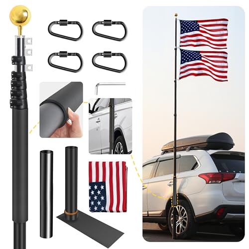 20FT Tailgate Flag Pole with Tire Mount, Fit RV/Pickup/Sedan/SUV, Portable Flag Pole with 20' Car Scratch-Proof Protective Tube, Thickened Aluminum Flag Pole with US Flag, 60 MPH, Dual Flag Mount