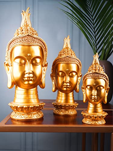 Image of THE WHITE INK DECOR Lord Buddha Statue, Figure, House Warming, Decorative Items Lord Buddha Statue for Living Room, Antique Gold, Meditating Buddha Head Statue for Home Decor Set of 3 (8.5inches)