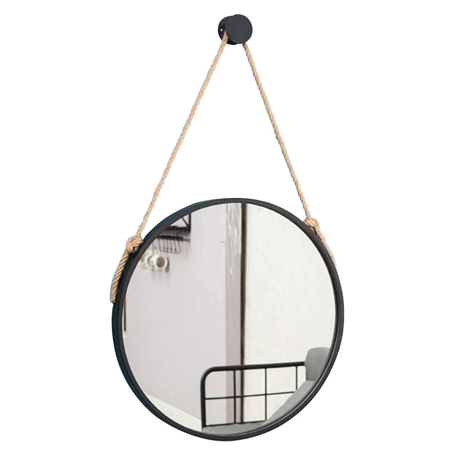 TYUHDUYUR Contemporary Metal Round Mirror with Hemp Rope Hanging Strap - Wall Mounted Large Makeup Mirror for Bathroom Vanity Entryway Living Room Wall Decor Beautiful / 70cm