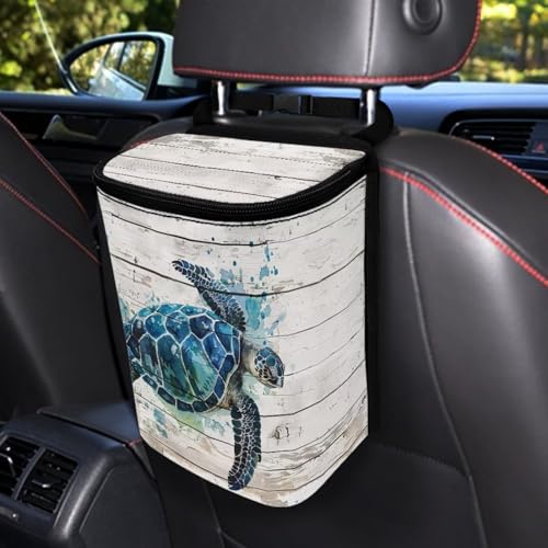 Image of Talayituse Watercolor Turtle Wood Print Car Trash Bin, Large Size Auto Trash Can Adjustable Portable Garbage Can with Lid, Vehicle Hanging Bag for Headrest Front Back Seat