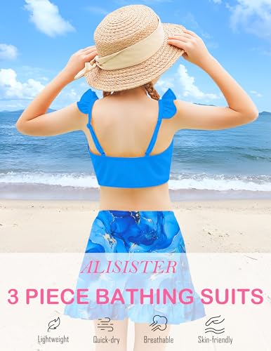 Image of ALISISTER Girls Swimsuit 3 Piece Bathing Suits Summer Bikini Tankini Sets with Cover Up Skirt for 4-12 Years