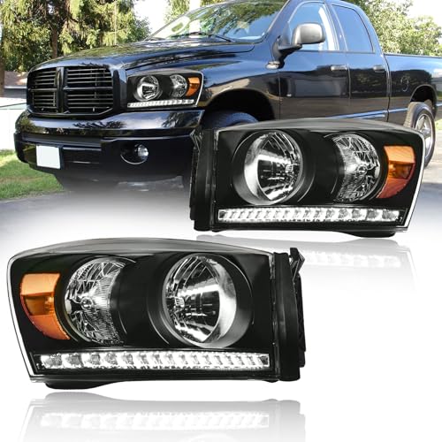 DimFlux LED DRL Headlight Assembly, Compatible with 2006 2007 2008 Dodge Ram 1500/2006-2009 Ram 2500 3500(Fits Models with Halogen Headlamps Only) Headlights Kit, Black Housing Amber Reflector
