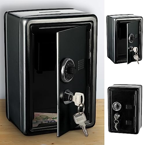 Hucha con ranura para dinero, metal, 12 x 18 x 10 cm, color negro, 2 llaves con cerradura de combinación (1 caja fuerte negra)