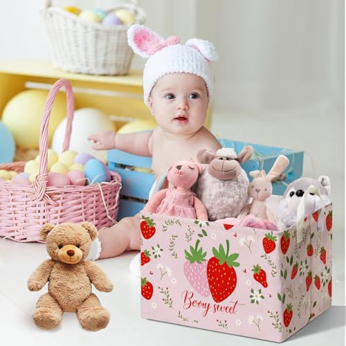 Image of Strawberry Foldable Storage Box, Strawberries Waterproof Fabric Toy Organizer Box for Boys Girls, Strawberries Storage Boxes for Nursery Room, Strawberry Gifts Basket, Storage Basket for Room Decor