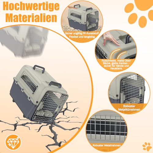 XMTECH Hundetransportbox Transportbox Flugzeugbox für Tiere, Reisebox für Hunde, mit Sicherheitsverriegelung & Lüftungsgitter, L 67 x B 51 x H 45 cm