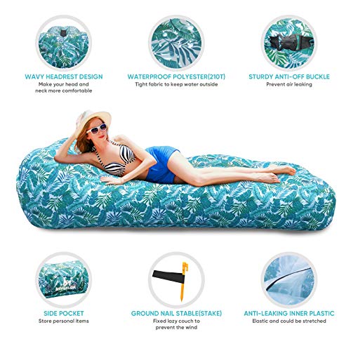 Myuilor Lounger Chair Air Sofa Couch Inflatable Hammock Ergonomic Beach Bed Waterproof Anti-Air Leaking for Camping Hiking Travel Beach Picnic Lakeside, No Pump Required (Green) - Thumbnail 5