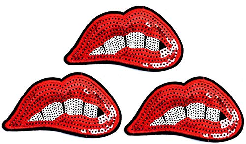 Umama Patch Set of 3 Sequin Lips Craft Patches Red Lips Lipstick Sexy Love Biting Mouth Cartoon Patch Embroidered Sew on Iron on Patch for Backpacks Jeans Clothing