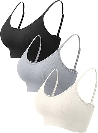 OQQ Women's 3 Piece Cami Crop Top Ribbed Seamless Removable Cups Workout Exercise Sports Bra
