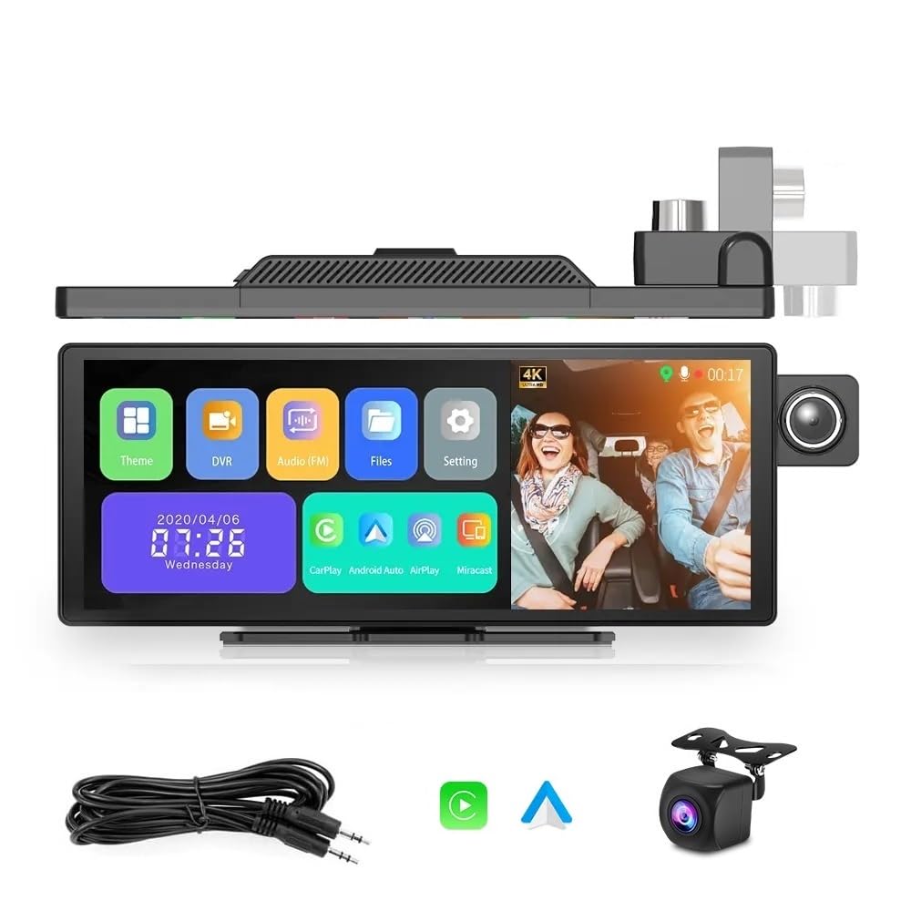 11.30" IPS DVR Touchscreen Portable Car Stereo with Wireless Carplay, Android Auto, MirrorLink, 4K Front Dash Cam, Backup Camera, 64G TF-Card, Dual Screen, Bluetooth, ADAS