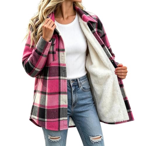 fartey Lined Plaid Jacket Women Flannel Fleece Shacket Button Down Outfit - image 2