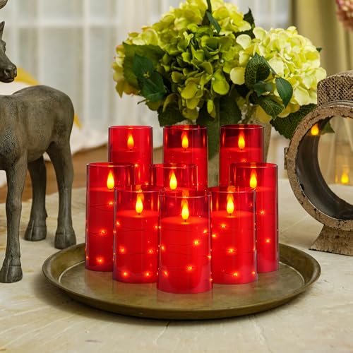 Image of Homemory Flickering Flameless Candles, Red LED Pillar Candles with Remote