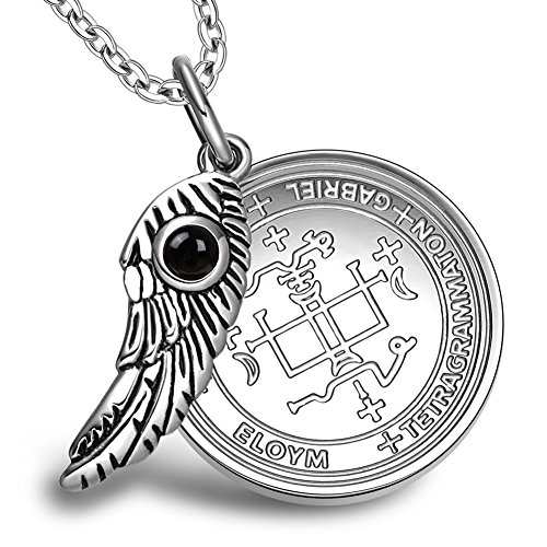Archangel Gabriel Sigil Amulet Magic Powers Angel Wing Simulated Black Onyx Pendant 22 Inch Necklace #TOP3