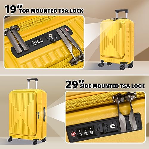 Image of Kaleenie 2 Pieces 19 /29 Luggage Sets, 19 Inch Carry On Luggage with Front Pocket & 29 Inch Side Opening Suitcase, Ligthweight ABS+PC Hardshell, TSA Lock & YKK Zipper with HINOMOTO 360 Wheels, Yellow