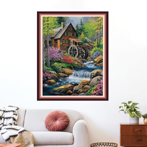 Image of Funxvoot Stamped Cross Stitch Kits for Beginners or Adults Embroidery Starter Patterns | DIY Printed Cross Stitch Kits Needlepoint for Adults 11CT-Autumn Water Scenery 16x20 inch