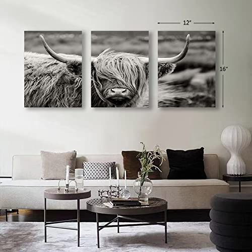 Highland Cow Wall Art, Black And White Landscape, Cow Pictures Wall Decor, Farmhouse Wall Decor For Living Room Bedroom Modern Home Decor Ready To Hang Stretched And Framed Artwork12" X16" 3 Panel #TOP6
