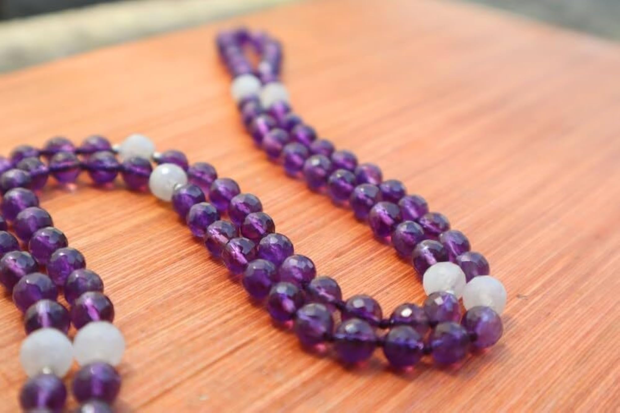 Natural Amethyst & Rainbow Moonstone 108+1 Beaded Prayer Mala Necklace
