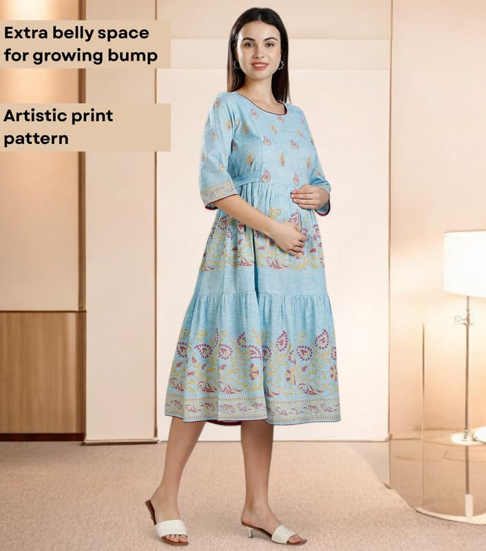 Image of DUMMY SHAPE Maternity Dresses for Women Cotton | Rayon Printed Feeding Anarkali Kurta with Dual Nursing Zipper Access During Pre & Post Pregnancy | Baby Shower Gifts for Mom to Be