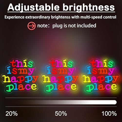 Image of This is My Happy Place Neon Sign USB Powered for Classroom Wall Decor, Neon Sign Dimmable LED Neon Light Sign for Bedroom Home Gallery Retro Positive Motivation Rainbow Home Hall Decor