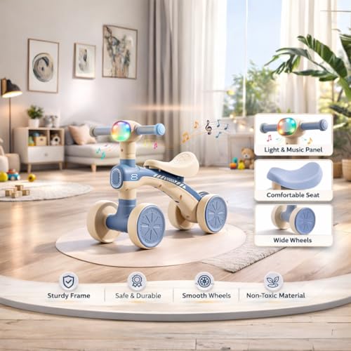 Image of Mini Bloom First Balancing Bike for Kids | No Pedal Manual Push Balancing Cycle | Musical Balance Bike with LED Light | Suitable for 1-3 Years | Max Capacity 20kg (Blue KB-157)