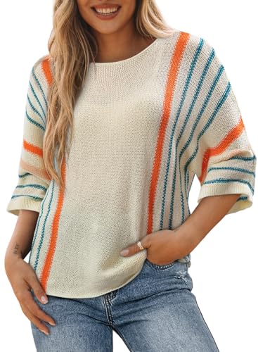 Image of Dokotoo Womens 2026 Spring Summer Casual Crewneck 3 /4 Sleeve Striped Lightweight Knit Trendy Boho Tops Pullover Sweaters