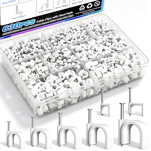 mxuteuk 630PCS Cable Clips with Steel Nails 4/5/6/8/10mm Round and 5/6mm Square White Cable Wire Clips Wall Clips for Cords Cable Cord Clips for RG6 RG59 CAT6 RJ45
