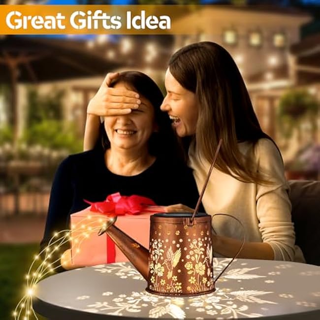 Outdoor Hanging Solar Lantern Waterproof Set Outside Metal Openwork Hummingbird Watering can Landscape Lights for Garden Yard Patio Pathway Decor Birthday Gifts for Women Mom Grandma -with Floor Pole