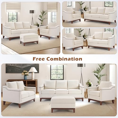 Image of HAOMARKETS 2 Piece Sofa Set, Single Armchair and 3-Seater Sofa Couch with Solid Wood Legs, Vintage Rivet Comfy Sofa with Thicked Cushion for Living Room Apartment Office, Beige