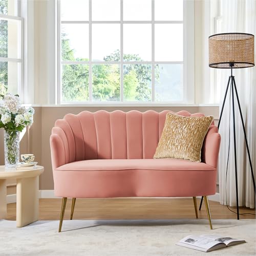 Image of HULALA HOME Velvet Loveseat Sofa with Gold Legs, Modern 2-Seater Sofa for Living Room Bedroom, Comfy Upholstered Small Love Seat Couch, Flower Shaped Back, Pink