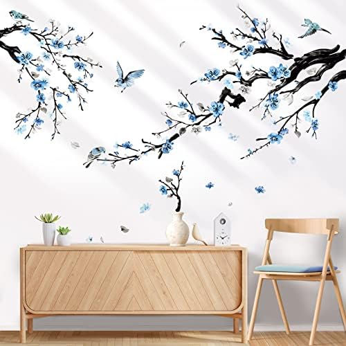 wondever Watercolor Tree Branch Wall Decals Blue Flower Birds Wall Stickers