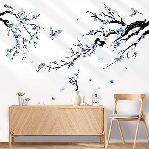 wondever Stickers Muraux Branche de Fleur Autocollants Muraux Mural Stickers Fleurs Bleues Oiseaux sur Branche pour Chambre Salon Mur TV