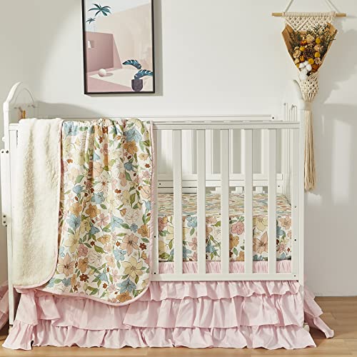 Image of Brandream Crib Bed Skirt for Baby Girls Boys Blush Pink Boho Bohemian Solid Cotton Toddler Bedskirt Farmhouse Chic Ruffle