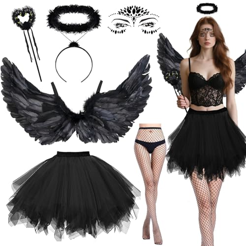 Schwarzer Engel Kostüm Damen, 6 Stück halloween engel kostüm mit 80C schwarze engelsflügel Heiligenschein Tüllrock Zauberstab Strumpf, Engel und...