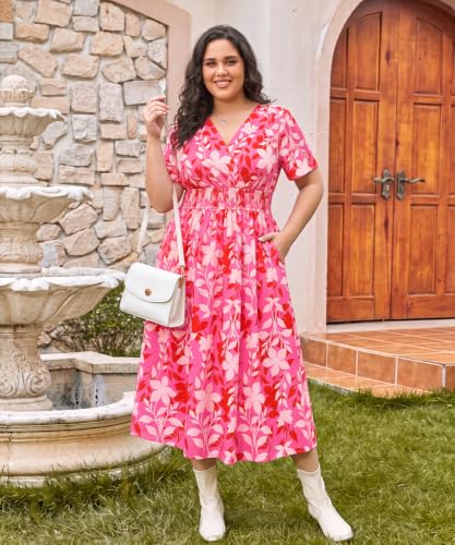 Image of CARCOS Plus Size Dresses for Curvy Women V Neck Summer Maxi Dress Short Sleeve Floral Boho Dress Smocked Waist Beach Dress