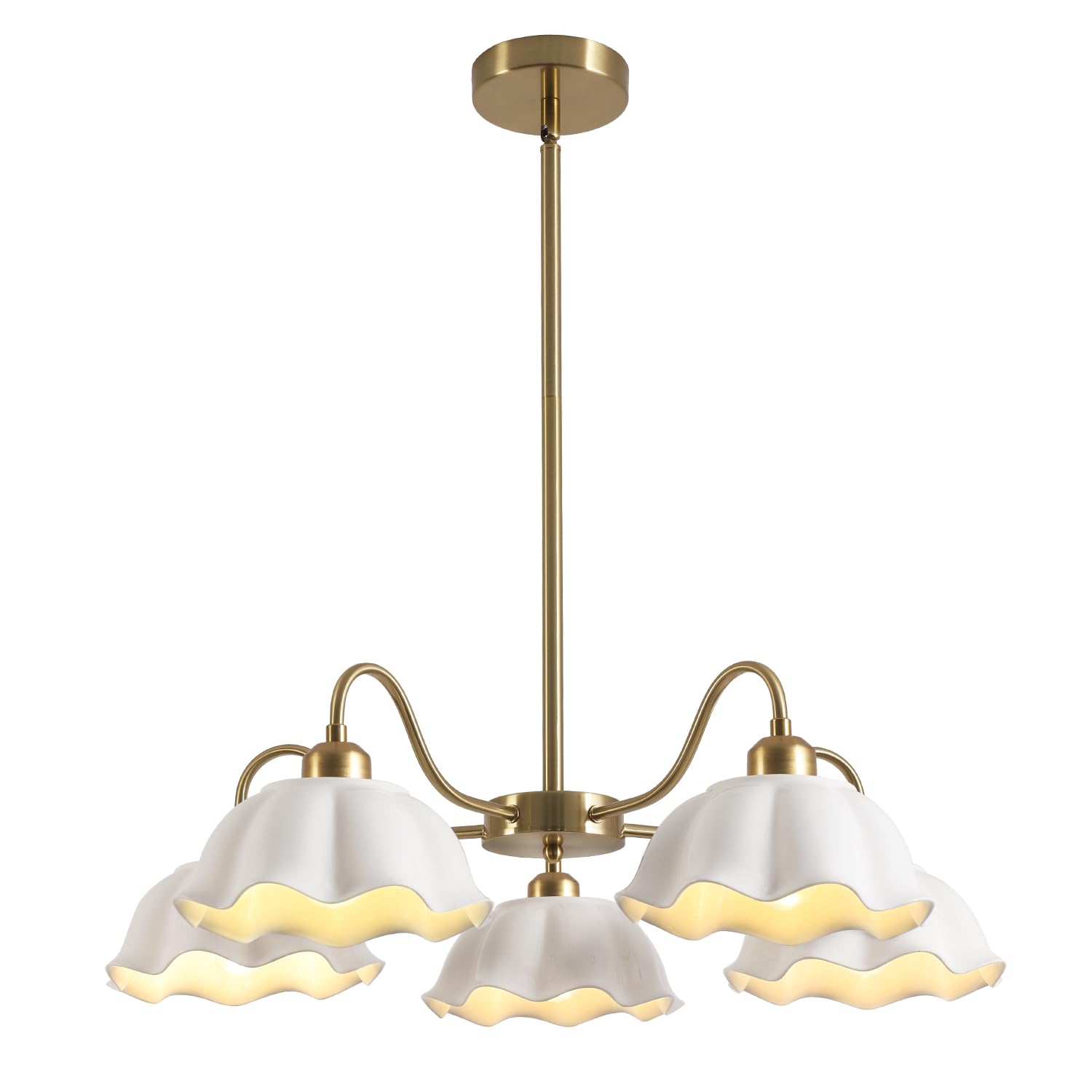 Fulesi 5-Light Gold Sputnik Chandelier Semi Flush Mount Chandelier Mid Century Modern Sputnik Chandelier with White Ceramic Shade Living Room Finish