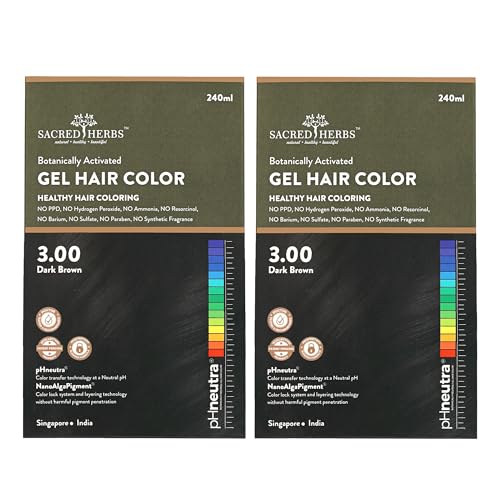 Image of SACRED HERBS Natural Gel Hair Color, Premium Pack | India's 1st pH Neutral Formula | Ammonia, PPD & Paraben Free | 20+ Herbal Actives, 100% Grey Coverage | Conditioning & Damage Free, For Women | DARK BROWN 3.00 | Pack of 2 ( 240ml + 20gm, EACH )