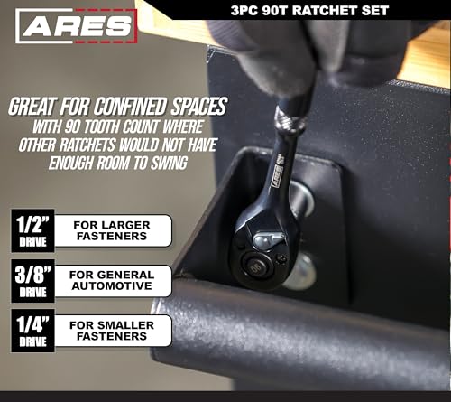 Image of ARES 42143-3-Piece 90 Tooth Ratchet & Socket Set, 1 /4, 3 /8, 1 /2 Drive | Chrome Vanadium Steel, Black Oxide Finish, Quick Release, Reversible, 4 Degree Swing, SAE Automotive Mechanic Tool Kit