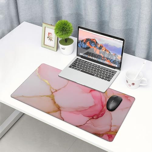 Image of Pink Gold Marble Extended Gaming Mouse Pad, with Stitched Edges Large Mouse Pad Desk Protector, Rubber Base Mousepad Keyboard Mouses Mat for Work Game Office Home- 32 inch X 12 inch Inch,E226