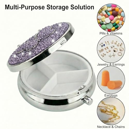 Image of Medicine Organizer Box Butterfly Pocket Pharmacy Bling Travel Pill Case Box for Purse Mini Pill Holder Organizer Small Pills Container for Vitamin(Purple)