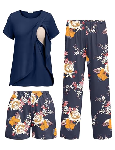 Image of Ekouaer 3 PCS Maternity Nursing Pajamas Set Postpartum Breastfeeding Short Sleeve Shirts, Pregnancy Shorts & Pants Pjs S-XXL