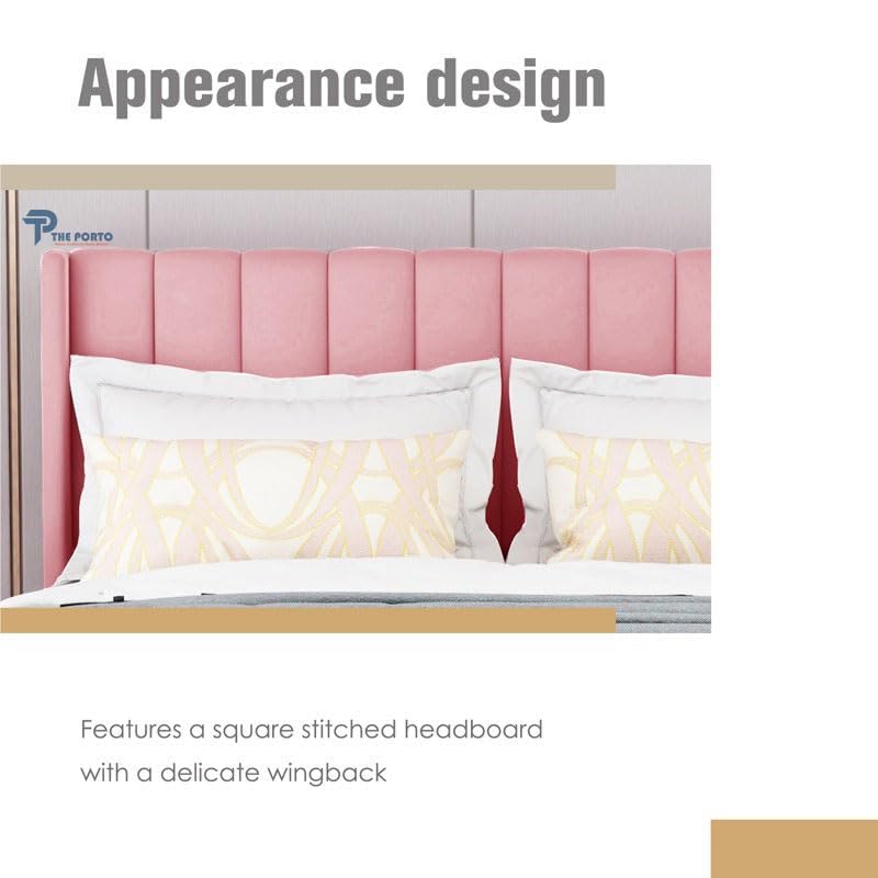 Image of Solid Wood Upholstered Single Bed for Bedroom Without Storage | Premium Fabric with Wingback Headboard | Wooden Single Bed Palang for Home | Stylish Single Cot Bed | 6 x 4 Ft, Pink
