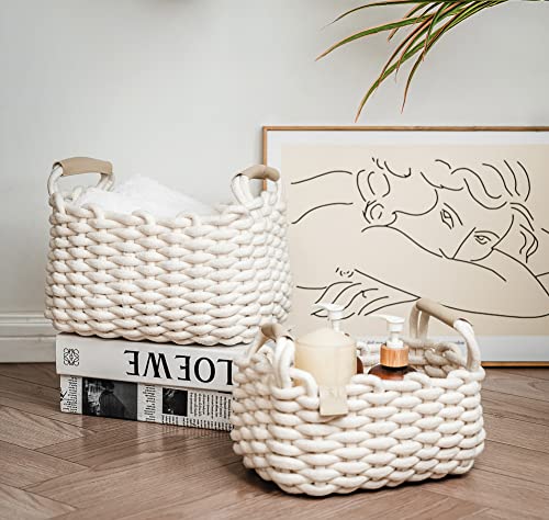 Image of ART pinecone 2 Pack Cotton Rope Basket Set – Handwoven Foldable Storage Bins for Nursery, Baby Registry, Gifts for Mom-to-Be, Diaper Caddy, Baby Shower, Organizer for Jewelry, Toys (Off-White)